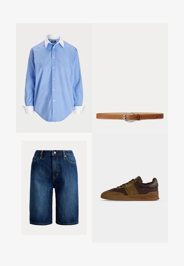 Lys blå skjorte med lange ærmer og en hvid kontrastkrave. Har en glat overflade og fem knapper foran.; Denimshorts i mørkeblå med lige snit, talje i midjelængde, metal knaplukning og kontrasterende gul syning langs sømmene.; Brun og mørkebrun Polo-mærket lavtop sneaker med ruskind og læder detaljer og gummisål.; Brunt læderbælte med sølv oval spænde og hvide sting, lagt fladt på en lysegrå baggrund.