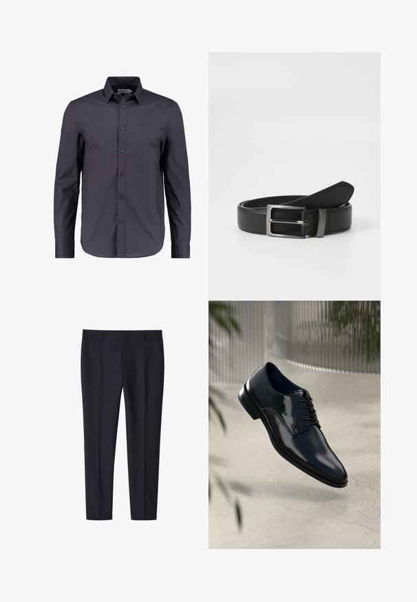 Mørk navy blå langærmet skjorte lavet af glat bomuld, med knaplukning fortil, klassisk krave og en skræddersyet pasform.; Marineblå slim-fit formelle bukser med bæltestropper og sidelommer, frontfold detaljer, egnet til forretnings- eller formelt brug.; Mørkeblå lædersko med poleret overflade, snøredesign, let buet tå og en glat tekstur.; Sort læderbælte med en sølvmetal spænde, der har en glat overflade og et klassisk design. Bæltet er pænt foldet.