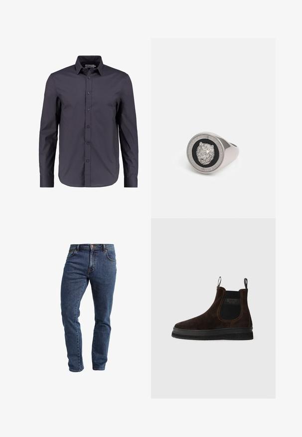 Chemise à manches longues bleu marine foncé en coton doux, dotée d'un devant boutonné, d'un col classique et d'une coupe ajustée.; Jean slim en denim bleu foncé avec cinq poches et fermeture par bouton en cuivre, présenté sur fond blanc.; Bottine Chelsea en daim marron avec un panneau latéral élastique texturé, des languettes de traction et une épaisse semelle en caoutchouc noir. Design minimaliste et lignes épurées.; Bague en argent pour homme présentant une tête de lion en relief sur un fond noir, avec un texte gravé autour du bord. Design de bande lisse.