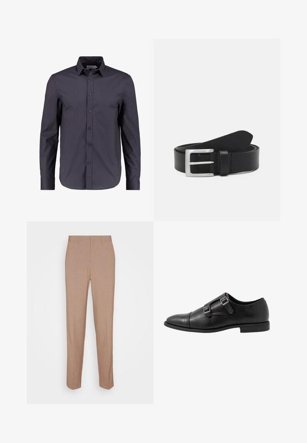 Chemise à manches longues bleu marine foncé en coton doux, dotée d'un devant boutonné, d'un col classique et d'une coupe ajustée.; Pantalon beige sur mesure en tissu lisse et texturé. Coupe droite avec une taille à la taille et sans ornements visibles ni poches.; Chaussure monk strap en cuir noir avec deux boucles en argent, design à bout capteur, bout rond et semelle en caoutchouc de profil bas. Texture lisse, silhouette élégante.; Ceinture en cuir noir avec une texture lisse, boucle rectangulaire en argent et une boucle pour l'extrémité. Présente des coutures soignées le long des bords.