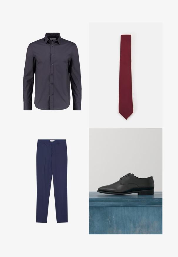Chemise à manches longues bleu marine foncé en coton doux, dotée d'un devant boutonné, d'un col classique et d'une coupe ajustée.; Pantalons de costume navy en tissu lisse, dotés d'un devant plat, de deux poches latérales, d'une fermeture éclair et d'un ourlet net sans motifs ni accents.; Chaussure habillée en cuir noir avec une finition lisse, bout arrondi et un laçage minimal. Elle possède un talon bas et un design épuré sur un fond neutre.; Cravate en soie bordeaux, de forme étroite avec une texture solide. Présente une pointe aiguisée, une couleur uniforme et une finition lisse.