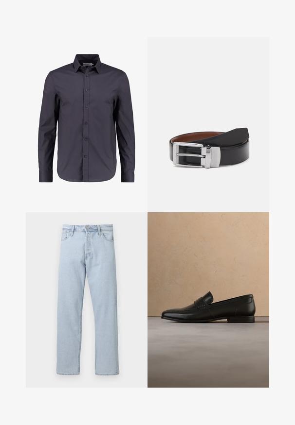 Chemise à manches longues bleu marine foncé en coton doux, dotée d'un devant boutonné, d'un col classique et d'une coupe ajustée.; Jean droit en denim bleu clair avec fermeture par bouton et zip à l’avant, passants de ceinture et poches avant sur fond blanc.; Mocassin en cuir noir présenté en lévitation au-dessus d'un tapis beige avec un canapé beige en arrière-plan.; Ceinture en cuir noir avec une boucle rectangulaire en métal argenté dotée d'une texture et d'une finition lisse. Doublure marron visible à l'intérieur.