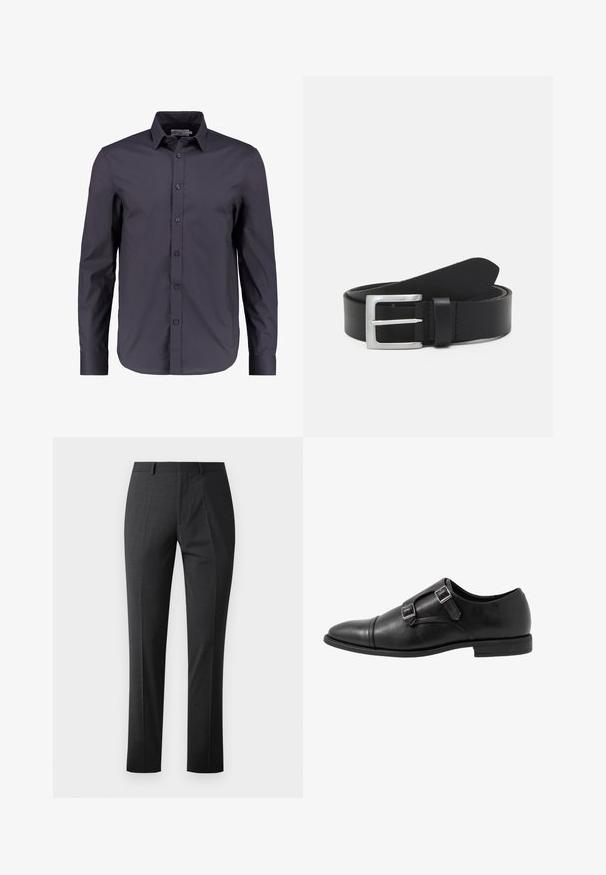 Chemise à manches longues bleu marine foncé en coton doux, dotée d'un devant boutonné, d'un col classique et d'une coupe ajustée.; Pantalons gris foncé sur mesure avec une texture lisse, coupe slim, devant plat et taille standard. Présente des plis marqués et sans motifs visibles.; Chaussure monk strap en cuir noir avec deux boucles en argent, design à bout capteur, bout rond et semelle en caoutchouc de profil bas. Texture lisse, silhouette élégante.; Ceinture en cuir noir avec une texture lisse, boucle rectangulaire en argent et une boucle pour l'extrémité. Présente des coutures soignées le long des bords.
