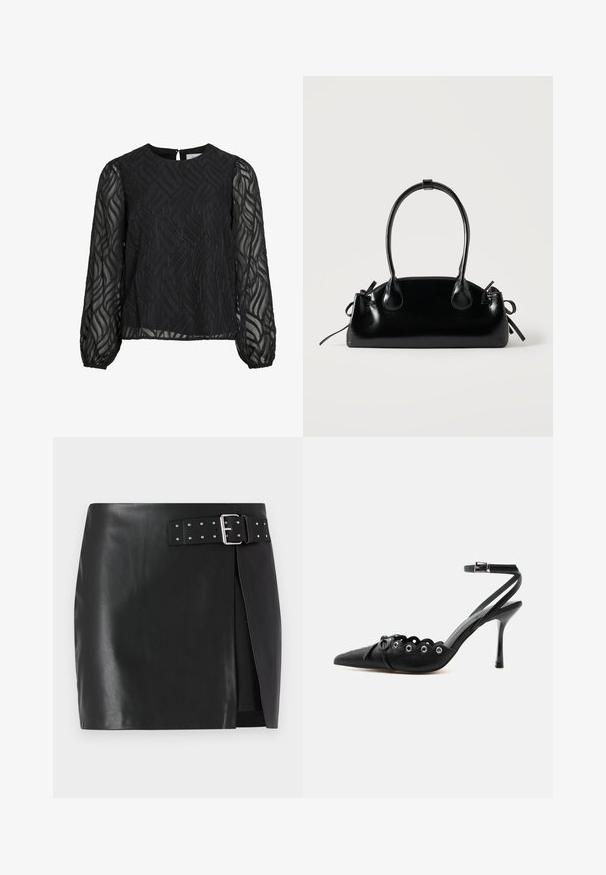 Blouse noire à manches longues transparentes, avec un motif de feuilles texturé, un col rond et une petite attache en forme de clé au dos.; Mini-jupe en simili cuir noir avec une ceinture réglable comportant une boucle en argent et des clous décoratifs, design à enroulement avant et texture lisse.; Chaussure à talon haut noire à bout pointu, bords festonnés, œillets métalliques, lacets à l'avant et bride de cheville avec fermeture à boucle.; Petit sac à main noir brillant avec deux longues anses et des détails à cordon sur les côtés sur un fond clair uni.