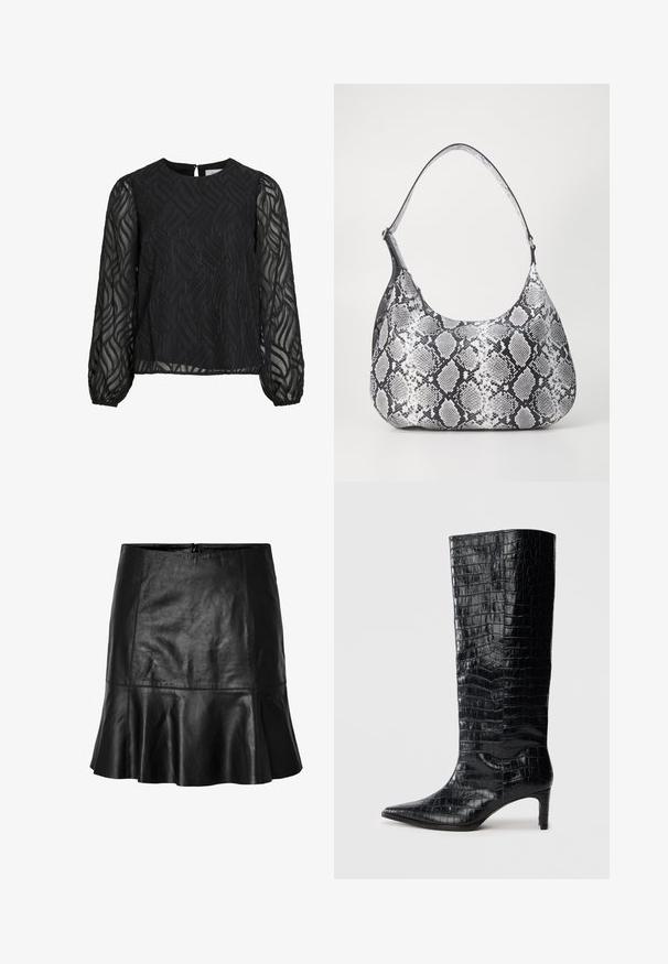 Zwarte blouse met lange doorschijnende mouwen, gestructureerd bladdlepatroon, ronde halslijn en een kleine sleutelsluiting aan de achterkant.; Zwart leren mini-jurk met uitlopende zoom en zichtbare stiksels, met een ritssluiting aan de achterkant.; Zwarte knielaarzen met een glanzende, krokodillenpatroonstructuur, een puntige neus en een taps toelopende hak. Gladde synthetische materiaal.; Zwart-witte slangenprint schoudertas met een afgeronde vorm, een gladde textuur en een ronde strap. Voorzien van een zilveren hardwareaccent.