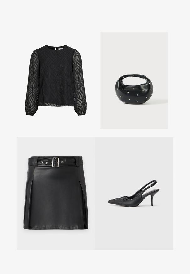 Blouse noire à manches longues transparentes, avec un motif de feuilles texturé, un col rond et une petite attache en forme de clé au dos.; Jupe mini en faux cuir noir avec un design ajusté, des plis latéraux et une ceinture avec une boucle argentée et des œillets. Texture lisse, taille haute.; Escarpin en cuir noir à talon aiguille avec un bout pointu, une bride latérale à boucle, des clous le long du bord et un laçage décoratif à l'avant.; Sac à main en cuir noir de forme arrondie, décoré de clous argentés et équipé d'une poignée courte. Texture lisse et fermeture éclair.