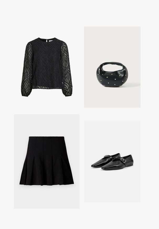 Blouse noire à manches longues transparentes, avec un motif de feuilles texturé, un col rond et une petite attache en forme de clé au dos.; Jupe noire courte plissée en tissu lisse. Dispose d'une taille élastique et d'une silhouette évasée qui s'étend jusqu'au milieu de la cuisse.; Paire de chaussures plates en cuir verni noir à bouts pointus avec une bride à boucle sur le dessus, montrée sur un fond clair uni.; Sac à main en cuir noir de forme arrondie, décoré de clous argentés et équipé d'une poignée courte. Texture lisse et fermeture éclair.