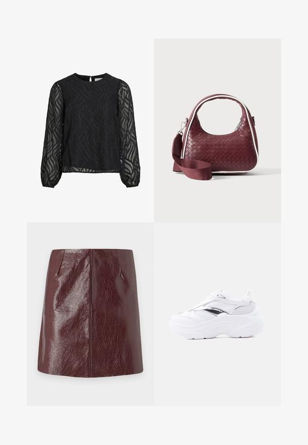 Sort bluse med lange gennemsigtige ærmer, struktureret bladmønster, rund halsudskæring og en lille nøglehulsknap bagpå.; Vero Moda VMNELLY SKIRT - Mini skirts - wine tasting; Hvid chunky sneaker med mesh og læder øvre, tyk sål, metalisk sølvdetalje og "Karl Lagerfeld" branding på siden.; Mørkerød vævet lædertaske med buet hank, hvid kant, sølv lynlås og aftagelig bred stofskulderrem mod en ensfarvet baggrund.