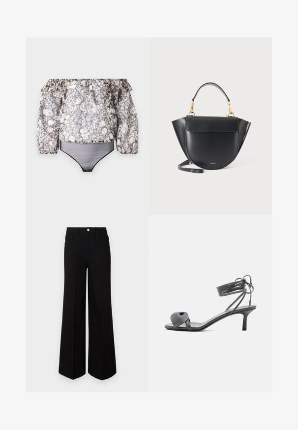 Schulterfreies Blumenbodysuit mit Rüschensäumen, schwarzem Besatz und einem gemischten Muster aus Grau, Weiß und Beige. Das Material ist leicht.; Schwarze weit geschnittene Jeans aus strapazierfähigem Material, mit hoher Taille, Fronttaschen und einem Knopfverschluss vorne. Flacher Saum am Boden.; Graue Leder-Pumps mit Absatz, verknotetem Riemen über den Zehen und Wickelriemen um den Knöchel auf schlankem, mittelhohem Absatz vor weißem Hintergrund.; Schwarze Ledertasche mit abgerundetem Boden, seitlichen Flügeln, goldfarbenen Beschlägen, kurzem Griff und abnehmbarem Langriemen auf schlichtem hellem Hintergrund.