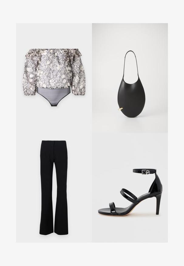 Bodysuit floral sin mangas con mangas rizadas, borde negro y un patrón combinado de gris, blanco y beige. El material es ligero.; Pantalones de campana negros en tejido elástico con una textura suave y una cintura ajustada. Sin cierres ni estampados visibles.; Sandalia de tacón alto de charol negro con tres tiras finas y una correa en el tobillo con una hebilla redonda.; Bolso de mano de piel negra con forma de lágrima alargada, que cuenta con una correa delgada y un detalle en hardware dorado. Textura suave.