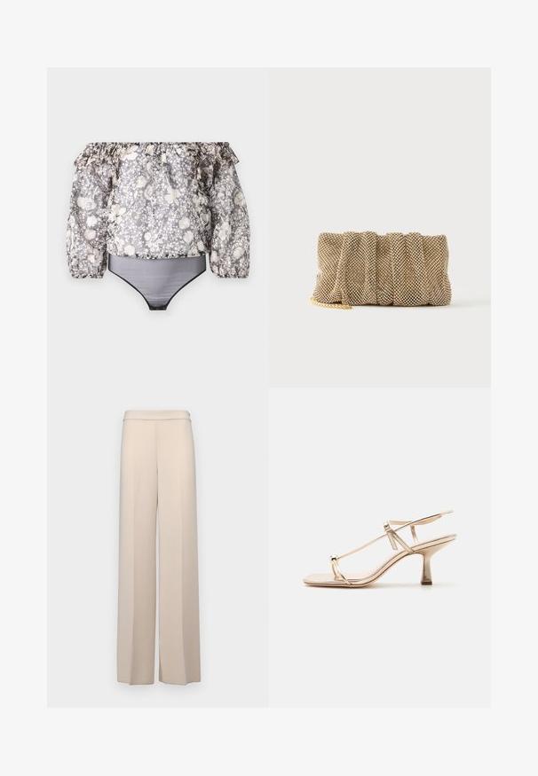 Schulterfreies Blumenbodysuit mit Rüschensäumen, schwarzem Besatz und einem gemischten Muster aus Grau, Weiß und Beige. Das Material ist leicht.; Beige weit geschnittene Hose aus glattem Stoff, mit hoher Taille und dezenten Vorderfalten. Keine Taschen oder sichtbare Hardware-Details.; Goldfarbene Sandale mit Riemchen, niedrigem Kitten-Heel, verstellbarem Knöchelriemen und Zehenring vor einfachem hellem Hintergrund.; Kleine goldene Mesh-Clutch mit gerafftem Design und teilweise sichtbarem goldenen Kettengurt auf einfachem weißem Hintergrund.