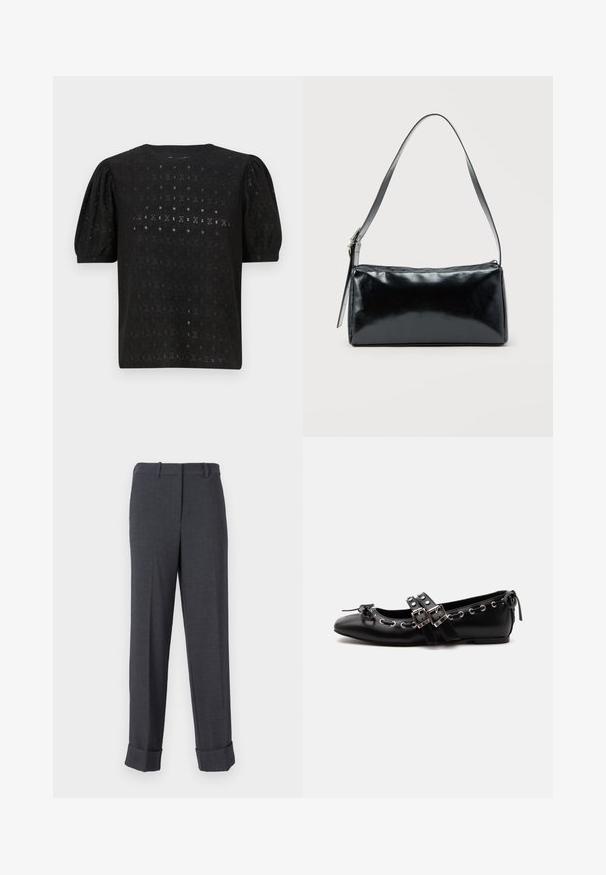 Haut noir brodé avec un col rond, des manches bouffantes et un motif ajouré complexe sur l'ensemble du tissu.; Pantalons gris ajustés en tissu texturé, présentant une jambe droite, des passants de ceinture et des ourlets retroussés pour une apparence structurée.; Chaussure de ballet plate noire avec doubles brides à boucle, œillets argentés et petit nœud près de l’orteil arrondi sur fond blanc.; Sac d'épaule rectangulaire noir avec une sangle réglable unique et une fermeture éclair supérieure sur un fond uni.