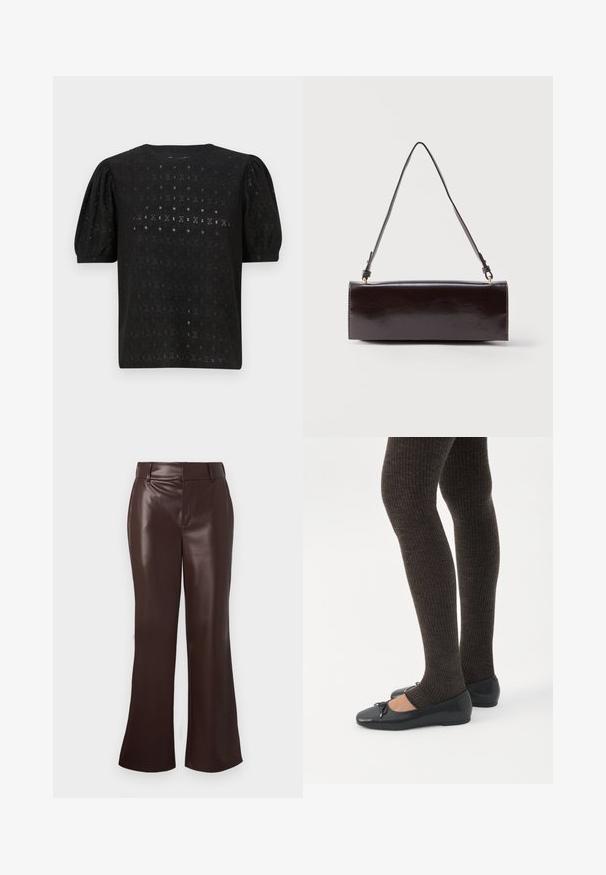 Haut noir brodé avec un col rond, des manches bouffantes et un motif ajouré complexe sur l'ensemble du tissu.; Pantalons évasés en simili cuir marron avec une texture lisse, dotés d'une taille ceinturée et d'une fermeture éclair. Lignes épurées et silhouette élégante.; Jambes portant des leggings côtelés foncés associés à des ballerines noires avec de petits détails en nœud sur fond blanc.; Sac à main rectangulaire en cuir noir avec une longue bandoulière unique et une finition brillante, présenté sur un fond blanc uni.