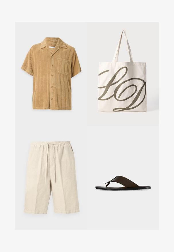 Chemise beige à manches courtes avec rayures verticales texturées, boutons sur le devant, poche poitrine et col classique sur fond uni.; Shorts en lin beige avec une taille élastique, une fermeture à cordon et des poches latérales. Caractérisés par une coupe décontractée et une texture douce.; Sandale tong en cuir marron foncé avec une large sangle à la cheville et une semelle plate noire, montrée de profil sur fond gris.; Sac fourre-tout en toile de couleur crème clair avec un grand design cursif "LD" en vert olive foncé. Il est doté de deux poignées solides pour le transport.