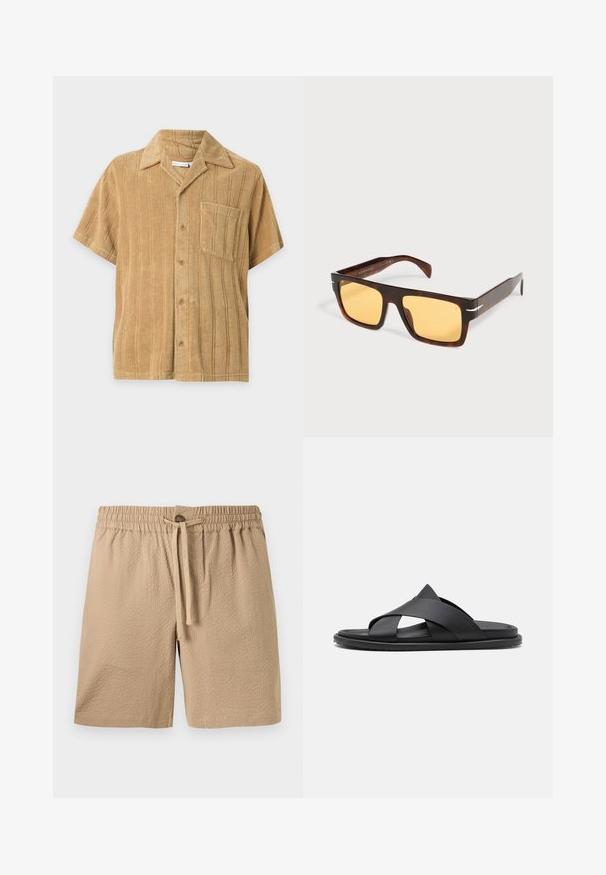 Chemise beige à manches courtes avec rayures verticales texturées, boutons sur le devant, poche poitrine et col classique sur fond uni.; Short beige en tissu texturé avec taille élastique, cordon de serrage et fermeture par un seul bouton au centre devant.; Stuart Weitzman BERKLEY - Mules - black; Lunettes de soleil rectangulaires en écaille avec de larges montures et des verres teintés jaunes sur fond blanc.