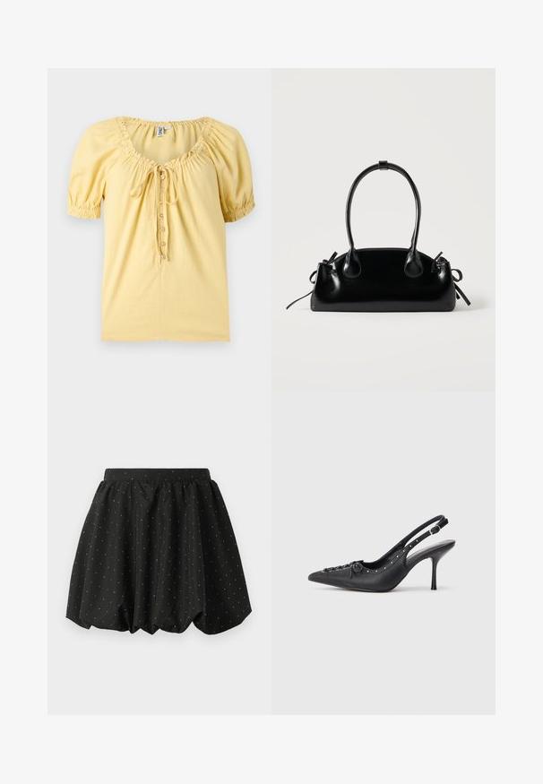Blouse jaune pâle à manches courtes avec encolure froncée, boutonnage devant et petit détail nœud sur la poitrine.; Jupe bulle noire avec une taille élastique et un motif de pois blancs. Fabriquée en tissu léger, elle présente un design volumineux et un ourlet arrondi.; Escarpin en cuir noir à talon aiguille avec un bout pointu, une bride latérale à boucle, des clous le long du bord et un laçage décoratif à l'avant.; Petit sac à main noir brillant avec deux longues anses et des détails à cordon sur les côtés sur un fond clair uni.