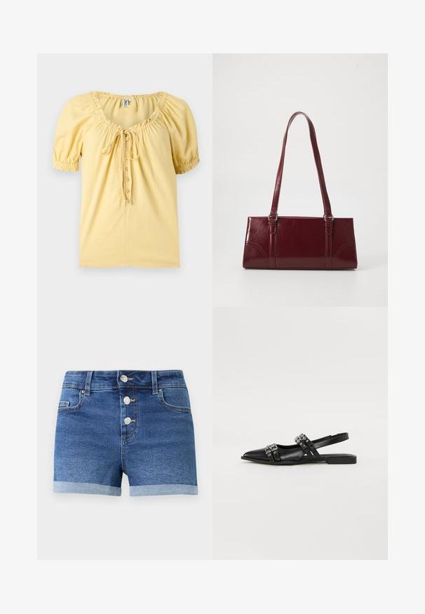 Blouse jaune pâle à manches courtes avec encolure froncée, boutonnage devant et petit détail nœud sur la poitrine.; Shorts en denim bleu avec trois boutons métalliques, ourlets roulés, passants pour ceinture et poches avant sur un fond blanc uni.; Even&Odd by Zalando Ballerines à brides arrière - black; Sac à main bordeaux en matériau brillant, de forme rectangulaire, avec deux anses et des accents légèrement courbés à l'avant.