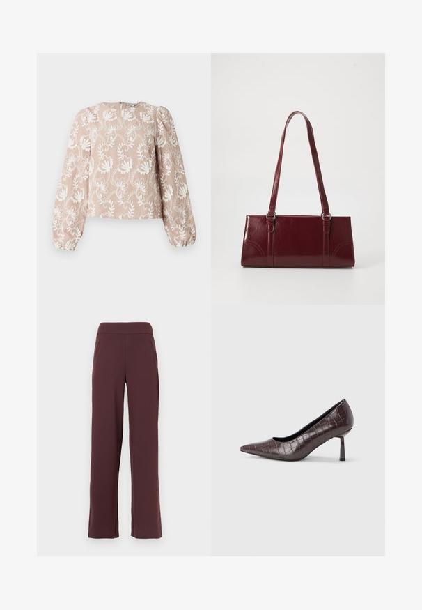 Blouse beige à manches longues avec broderie florale blanche, encolure arrondie, manches bouffantes et poignets élastiques.; Pantalons larges bordeaux en tissu doux, avec une taille haute et des poches latérales. Texture lisse avec une silhouette droite.; Escarpins à bout pointu en similicuir marron avec une texture crocodile, dotés d’un talon fin et angulaire ainsi que d’une doublure intérieure lisse.; Sac à main bordeaux en matériau brillant, de forme rectangulaire, avec deux anses et des accents légèrement courbés à l'avant.