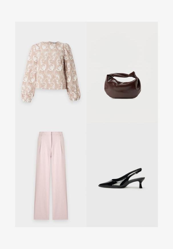 Blouse beige à manches longues avec broderie florale blanche, encolure arrondie, manches bouffantes et poignets élastiques.; Pantalon large rose clair avec plis à l'avant, passants de ceinture et fermeture dissimulée à l'avant, présenté sur un fond uni.; Escarpins en cuir verni noir avec un bout pointu et un petit talon carré. Sangle réglable à la cheville avec boucle.; Sac bandoulière en cuir marron foncé avec une forme souple et décontractée et une anse nouée torsadée sur un fond blanc uni.