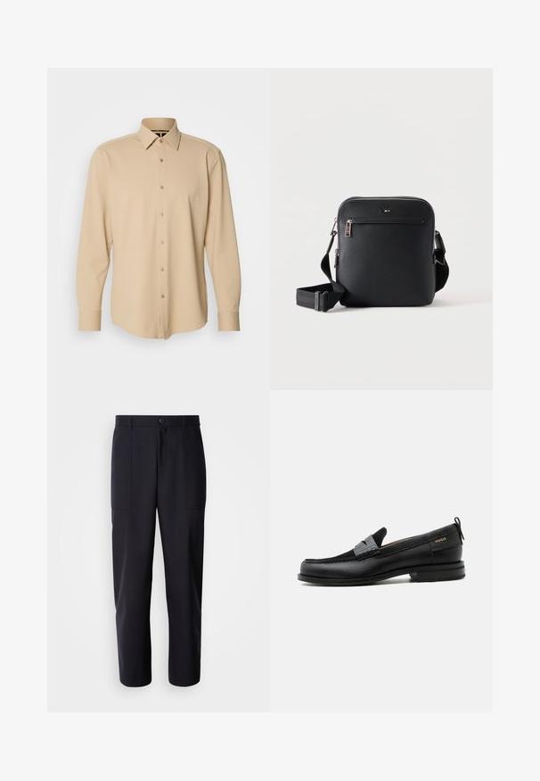 Beige Langarmhemd aus strukturiertem Stoff mit kariertem Muster, mit Knopfleiste und Manschetten, taillierte Passform.; Dunkelblaue Hosen aus glattem Stoff, mit geradem Bein-Design, zwei Seiten Taschen und einem Knopfverschluss an der Taille.; Schwarzer Lederloafer mit grauem Riemendetail, niedrigem Absatz und strukturierter Sohle, seitlich mit „HUGO“ in Gold gebrandmarkt.; Schwarze Leder-Umhängetasche mit vorderer Reißverschlusstasche und verstellbarem Riemen auf weißem einfarbigem Hintergrund.