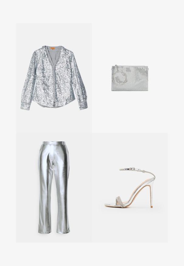 Chaqueta de lentejuelas plateadas con mangas largas, cierre frontal abotonado y cuello. Forro interior suave y puños elásticos con una textura lisa.; Vero Moda VMSILVER STRAIGHT PANTS - Pantalones - silver-coloured; Sandalía de tacón alto plateada con una delgada correa en el tobillo, tira superior adornada, punta de almendra, y un acabado brillante y espejo.; Bolso de mano de malla plateada con una correa circular para la muñeca unida al cierre, sobre un fondo blanco.