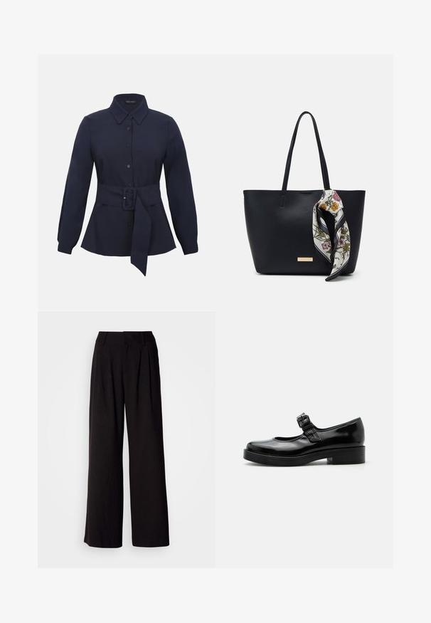 Chemise bleu marine à manches longues avec col pointu et large ceinture en tissu avec boucle rectangulaire à la taille.; Pantalon large noir en tissu lisse, avec des plis à l'avant, une taille ajustée, et sans motifs ni accents visibles.; Chaussure Mary Jane en cuir verni noir avec bout rond, petit talon bloc et bride réglable avec boucle sur le coup de pied.; Sac fourre-tout en cuir noir avec deux poignées, orné d'une écharpe en soie florale attachée à la poignée et d'un accent logo métallique à l'avant.