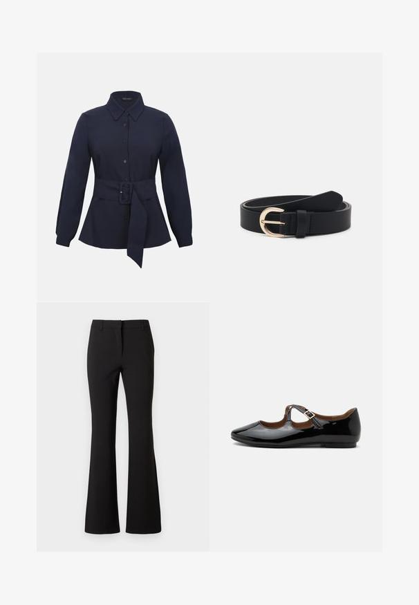 Chemise bleu marine à manches longues avec col pointu et large ceinture en tissu avec boucle rectangulaire à la taille.; Pantalon évasé noir en tissu lisse, présentant un pli frontal, des passants de ceinture et une coupe ajustée. Design épuré sans motifs visibles.; Chaussure plate Mary Jane en cuir verni noir avec deux découpes et une bride à boucle dorée sur fond blanc.; Ceinture en cuir noir avec une boucle en métal doré, texture plate et un seul support ; présente une finition lisse et un design minimaliste.