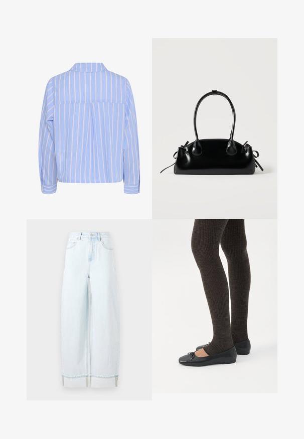 Lyseblå skjorte med lodrette hvide og pink striber, krave og lange ærmer, der har en rygplyt og knaplukninger ved ærmerne.; Lyseblå vidde jeans lavet af denim, med høj talje, forlommer og en rullet kant med synlige syninger.; Ben iført mørke ribbede leggings kombineret med sorte balletsko med små sløjfedetaljer på hvid baggrund.; Lille sort blank håndtaske med to lange håndtag og snøre-detaljer i siden på en ensfarvet lys baggrund.