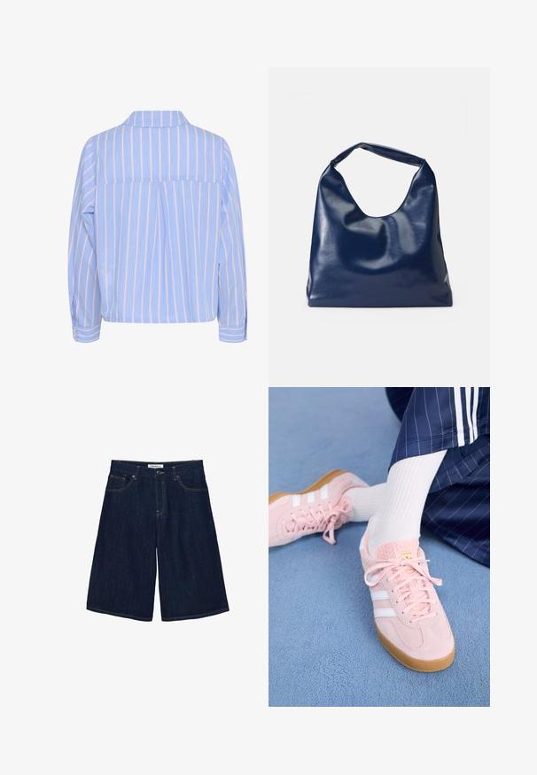 Lyseblå skjorte med lodrette hvide og pink striber, krave og lange ærmer, der har en rygplyt og knaplukninger ved ærmerne.; Mørkeblå denim knælange shorts med knap- og lynlåslukning, lommer foran og bagpå samt kontrastsyning.; Lyserøde ruskinds sneakers med hvide striber og snørebånd, udstyret med en struktureret tunge og en gummisål, placeret på et blåt tæppe.; Marineblå kunstlæder skuldertaske med en blød, blank overflade, rund form og et enkelt, bredt håndtag for nem bæring.