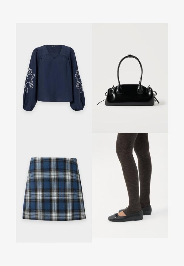 Blouse bleu marine avec un col en V et des manches longues bouffantes. Présente une broderie florale blanche sur les manches. Fabriquée en tissu léger.; Jupe en tartan bleu présentant un motif à carreaux varié en bleu, noir et blanc. Fabriquée dans un tissu texturé avec une silhouette ajustée.; Jambes portant des leggings côtelés foncés associés à des ballerines noires avec de petits détails en nœud sur fond blanc.; Petit sac à main noir brillant avec deux longues anses et des détails à cordon sur les côtés sur un fond clair uni.