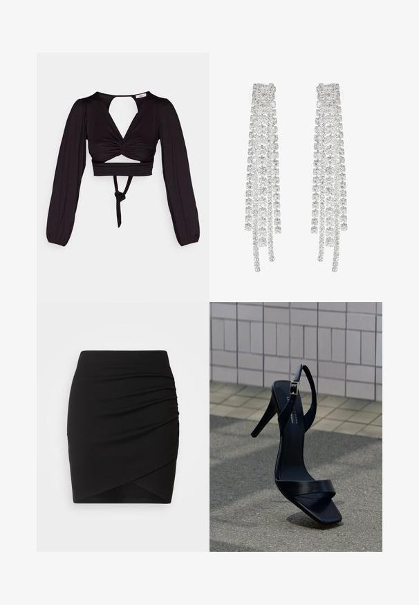 Zwart cropped top met lange pofmouwen, gedraaid voorkant ontwerp en open rug. Heeft een strik in de taille en een soepele, elastische stof.; Zwarte mini-jurk gemaakt van rekbaar stof, met een gerimpeld ontwerp en een wikkel-silhouet, met een gladde textuur en een aansluitende taille.; Zwarte sandaal met hoge hak, enkelriem en vierkante neus, geplaatst op het trottoir tegen een betegelde muur op de achtergrond.; Lange zilveren oorbellen met een scala aan heldere, facetteerde kristallen in een waterval van strengen met variërende lengtes en vormen.
