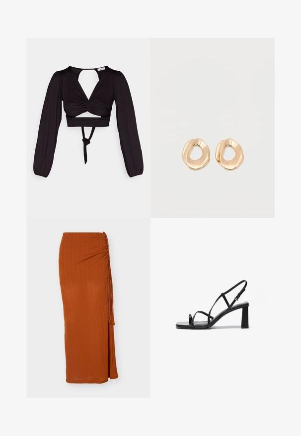 Zwart cropped top met lange pofmouwen, gedraaid voorkant ontwerp en open rug. Heeft een strik in de taille en een soepele, elastische stof.; Roestkleurige lange rok met zijruche en strikdetail, gemaakt van lichtgewicht, gestructureerde stof.; Zwarte hoge hakken sandalen met een vierkante neus, dunne verstelbare banden en een chunky blokhak. Gladde leren textuur met minimale details.; Set van onregelmatig gevormde, gepolijste hoepel oorbellen van goudkleurig metaal met een open midden op een effen witte achtergrond.