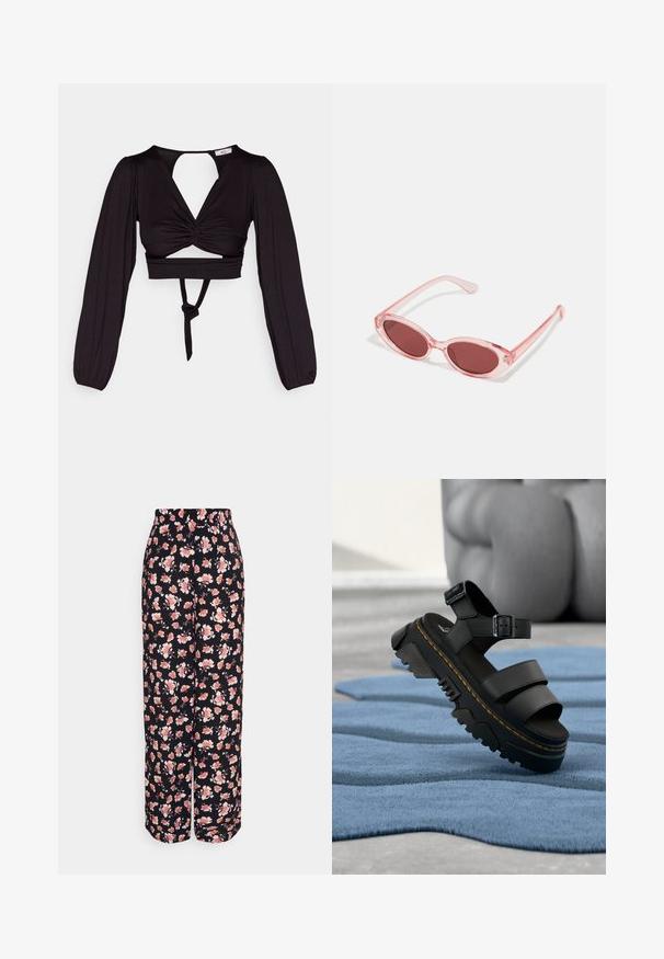 Sort cropped top med lange puffærmer, snoet frontdesign og åben ryg. Har et bånd i taljen og glat, strækbart stof.; Anna Field Tall Bukser - black/multi-coloured; Sort platformsandal med tyk sål, justerbar ankelrem og gul syning, hvilende på blå tekstureret stof.; Lyserøde transparente solbriller med ovale linser, mørkerød toning og slanke stænger, der har en glat overflade og diskret detaljering på rammen.