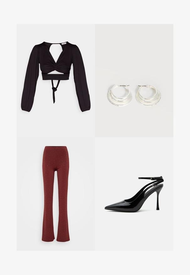 Top corto negro con mangas largas abullonadas, diseño frontal torcido y espalda descubierta. Cuenta con un lazo en la cintura y una tela suave y elástica.; Pantalones acampanados burdeos en tejido elástico, con una superficie texturizada que presenta pequeños patrones de puntos en color plata por toda su extensión.; Zapato destalonado de piel de charol negra con tacón alto, punta puntiaguda y doble tirante en el tobillo con hebillas plateadas.; Pendientes de aro de plata con tres bandas semicirculares superpuestas, una adornada con pequeños cristales transparentes sobre un fondo claro.