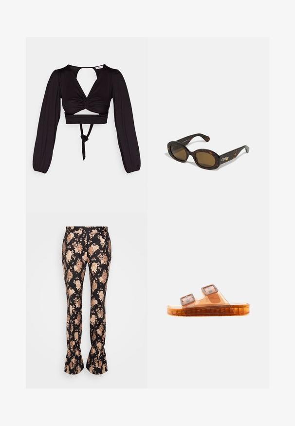 Zwart cropped top met lange pofmouwen, gedraaid voorkant ontwerp en open rug. Heeft een strik in de taille en een soepele, elastische stof.; ROKH TIE HEM TROUSERS - Broek - black; Doorzichtige amberkleurige slidesandalen met twee verstelbare gespsriempjes en een geribbelde zool, zijaanzicht op een witte achtergrond.; Schildpadbril met ovale monturen, bruin getinte lenzen en "Chloé" merk op de arm. Gladde plastic materiaal met een glanzende afwerking.