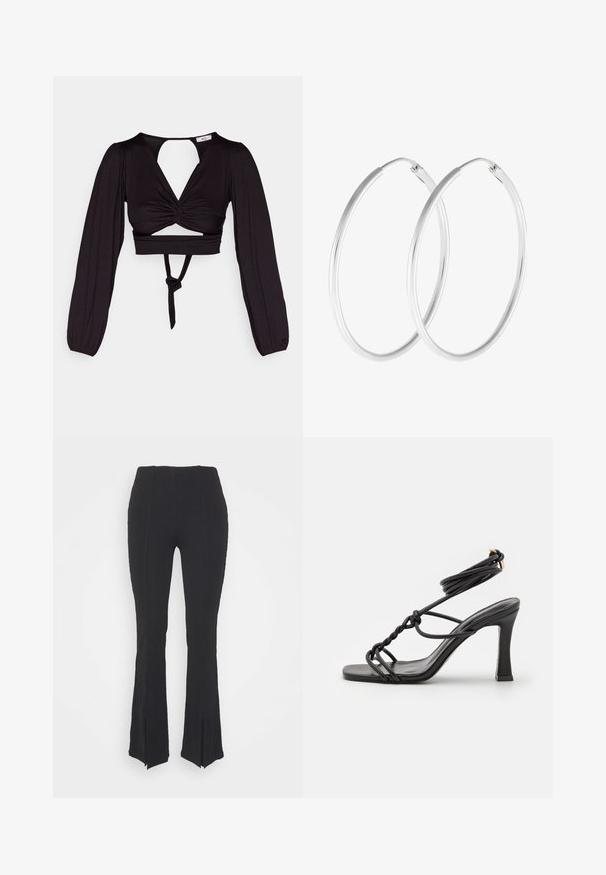 Sort cropped top med lange puffærmer, snoet frontdesign og åben ryg. Har et bånd i taljen og glat, strækbart stof.; ONLY Tall ONLFIONA SLIT PANT - Bukser - BLACK; DeeZee Højhælede sandaletter / Højhælede sandaler - black; Sølvfarvede hoop øreringe med en glat, rund form og en poleret overflade. Begge øreringe er i samme størrelse og har en sikker lukke mekanisme.