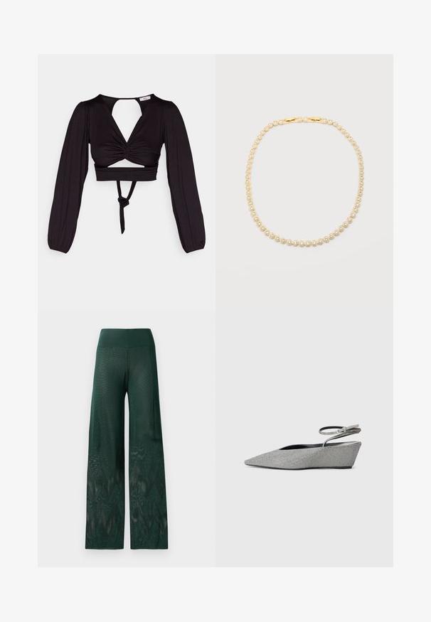 Zwart cropped top met lange pofmouwen, gedraaid voorkant ontwerp en open rug. Heeft een strik in de taille en een soepele, elastische stof.; Groene wijde broek van lichtgewicht gaas met een zigzagpatroon aan de zoom. Voorzien van een soepelelastische tailleband voor comfort.; Zilverkleurige sleehakken met een spitse neus, bovenwerk van gestructureerde stof en een enkelbandje. Zwarte binnenkant en rubberen zool.; Gouden ketting met ronde schakels, elk voorzien van een centraal heldere edelsteen omringd door kleinere stenen, getoond op een witte achtergrond.