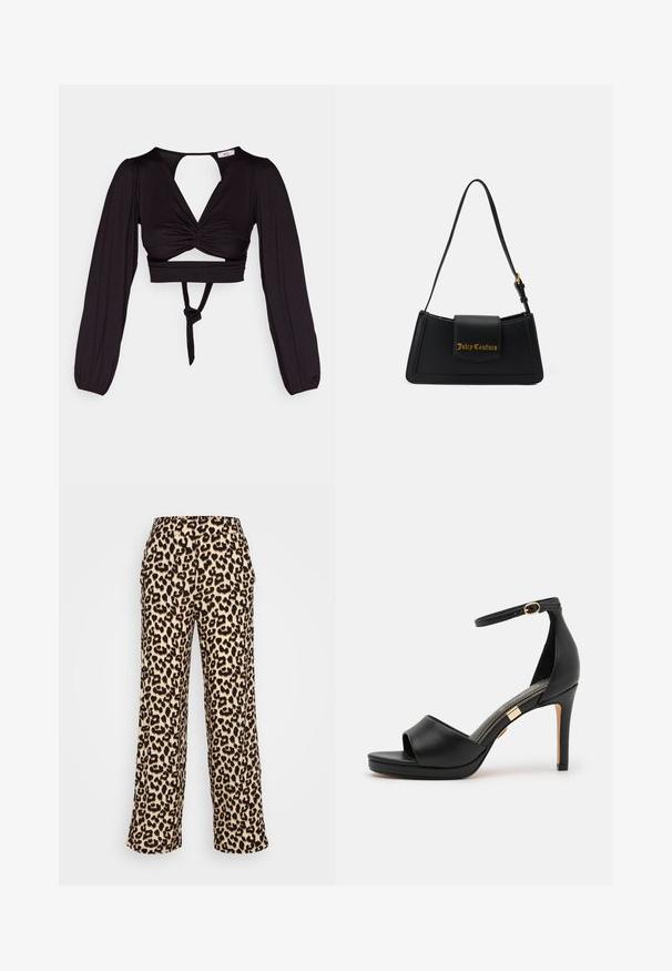 Top corto negro con mangas largas abullonadas, diseño frontal torcido y espalda descubierta. Cuenta con un lazo en la cintura y una tela suave y elástica.; Pantalones de pierna ancha con estampado de leopardo en una combinación de colores beige y negro. Tejido suave, con un patrón animal clásico y una cintura elástica.; Sanda negra de cuero con tacón alto, con punta abierta y tira en el tobillo. Presenta un acabado suave, un acento en tono dorado cerca del tacón y un diseño curvado.; Bolso de mano de imitación cuero negro con forma rectangular, logo dorado y una sola correa ajustable. Presenta un cierre con solapa y un diseño elegante.