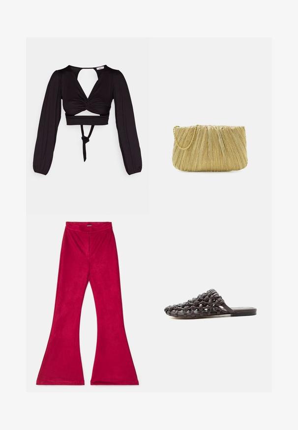 Zwart cropped top met lange pofmouwen, gedraaid voorkant ontwerp en open rug. Heeft een strik in de taille en een soepele, elastische stof.; Psychedelic Overdose DEVIL PANTS - Broek - red; Platte zwarte slidesandaal met bovenwerk van geweven leer en open teenontwerp, liggend op een witte ondergrond.; Loeffler Randall BRIT PLEATED FLAT - Clutch - gold-coloured