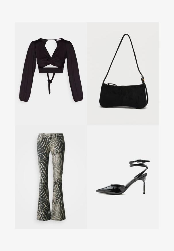 Zwart cropped top met lange pofmouwen, gedraaid voorkant ontwerp en open rug. Heeft een strik in de taille en een soepele, elastische stof.; Flared jeans in een zwart en beige zebra patroon, gemaakt van denim, met een vijf-vakken ontwerp en duidelijke stiksels.; Zwarte lakleren pumps met spitse neus, hoge naaldhak, dunne enkelbandjes en een kleine gesp.; Zwarte suède schoudertas met ritssluiting en een dun verstelbaar bandje tegen een effen witte achtergrond.