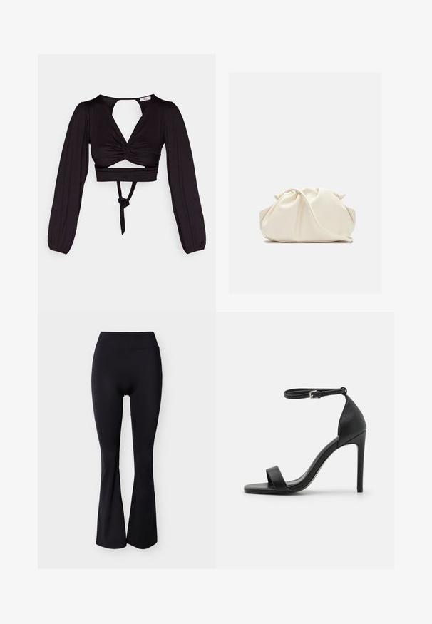 Sort cropped top med lange puffærmer, snoet frontdesign og åben ryg. Har et bånd i taljen og glat, strækbart stof.; Sorte høj talje leggings med flared ben, glat stof uden synlige mønstre eller pynt.; Sort højhælet sandal med et sleek design, der har en ankelrem, åben tå og glat lædertekstur.; Blød, cremefarvet læder clutch taske med samlet, rynket design og en tynd skulderrem, der hviler foran på en ensfarvet baggrund.