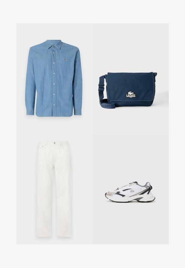 Chemise en denim bleu clair avec un col boutonné, des manches longues et un petit logo brodé sur la poitrine gauche. Présente une fermeture à boutons sur le devant.; Jean en denim blanc coupe droite avec poches avant, passants pour ceinture et fermeture par bouton à la taille, présenté sur un fond uni.; Chaussure de sport blanche avec des accents argent et noir, tige en mesh, semelle texturée et un design épuré avec un logo sur le côté.; Sac messager Lacoste bleu marine avec bandoulière réglable et écusson logo sur le rabat avant, sur un fond clair uni.
