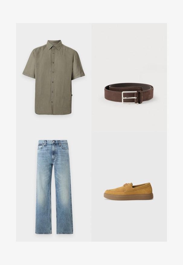 Chemise à manches courtes de couleur olive avec boutons sur le devant, col classique et coupe décontractée, présentée sur un fond blanc uni.; Jean droit en denim bleu clair avec taille haute, cinq poches, fermeture à boutons et léger délavage sur les cuisses et les genoux.; Chaussures slip-on en suède marron avec une finition texturée, un bout rond et une semelle en caoutchouc contrastante. Présente une marque discrète près du talon.; Ceinture en daim marron à la texture lisse, avec une boucle en métal argenté et un design simple. Dispose d'une doublure en cuir et de détails de couture.