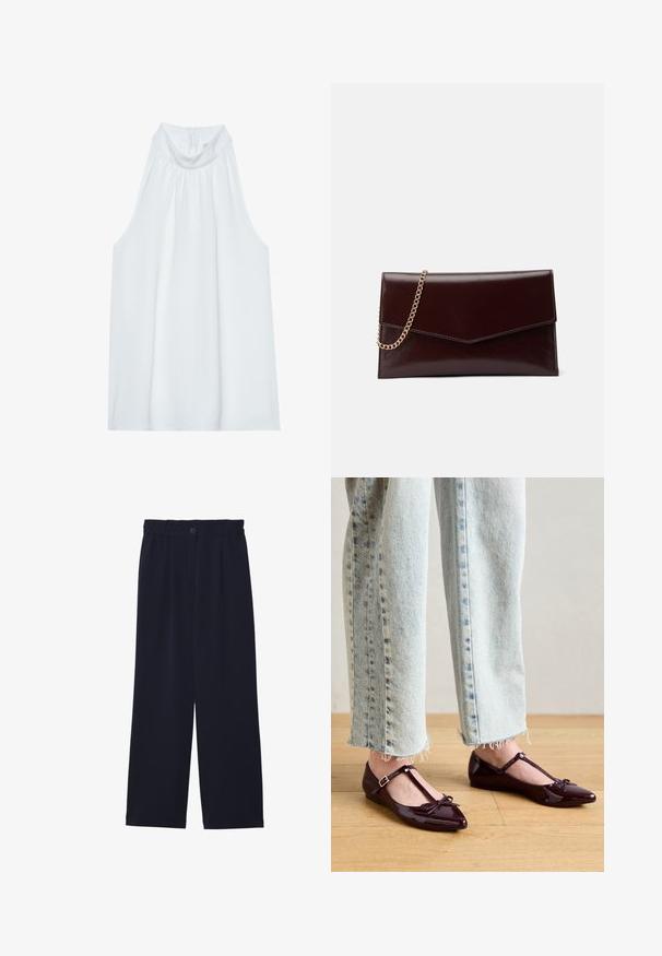 Haut sans manches blanc avec un col montant, en tissu doux, présentant des détails froncés au niveau du col et une fermeture éclair dissimulée à l'arrière.; Pantalons large bleu marine avec une texture lisse, taille élastique, pli avant unique et fermeture à bouton à la taille.; Ballerines bordeaux brillantes avec une bride en T, ornées d'un nœud à l'avant. Portées avec un jean court en denim bleu clair.; Sac à main en cuir de couleur bordeaux foncé avec un design en forme d'enveloppe. Il dispose d'une anse en chaîne dorée, d'une texture lisse et d'une fermeture en pointe.