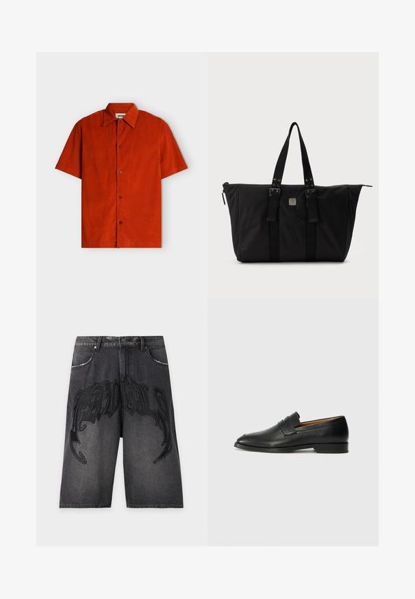 Chemise à manches courtes boutonnée en velours côtelé orange brûlé avec un col classique et quatre boutons visibles sur le devant.; Short en jean noir délavé avec broderie noire de style gothique sur le devant et design classique à cinq poches sur fond uni.; Mocassin en cuir noir avec un bout arrondi, des coutures subtiles et un talon bas, présentant une texture lisse et un design minimaliste.; Grand sac cabas noir avec deux poignées, boucles à l'avant et une petite plaque métallique carrée avec logo, présenté sur un fond clair uni.