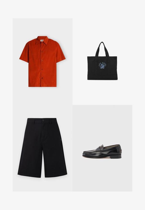Chemise à manches courtes boutonnée en velours côtelé orange brûlé avec un col classique et quatre boutons visibles sur le devant.; Shorts noirs mi-cuisses avec fermeture à bouton et à glissière, passants pour ceinture, et une coupe droite et ample, présentés sur un fond uni.; Mocassins en cuir noir avec un design de style mocassin, présentant une bande décorative et un détail de couture sur le dessus. Talon bloc bas.; Sac cabas noir avec deux poignées et texte bleu "Les Deux" au-dessus d’un design graphique bleu au centre avant.