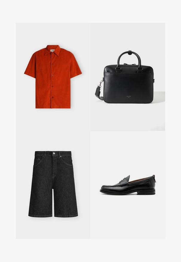 Chemise à manches courtes boutonnée en velours côtelé orange brûlé avec un col classique et quatre boutons visibles sur le devant.; Short en jean noir longueur genou avec poches avant, passants de ceinture et fermeture par bouton à la taille sur un fond clair uni.; Mocassin homme en cuir noir avec couture moc toe, bride penny, col texturé et petit talon empilé sur fond blanc.; Porte-documents en cuir noir avec doubles poignées et bandoulière détachable, design minimaliste sur fond uni.