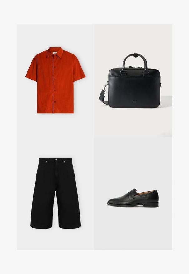 Chemise à manches courtes boutonnée en velours côtelé orange brûlé avec un col classique et quatre boutons visibles sur le devant.; Short en jean noir à jambes larges avec poches avant, passants de ceinture et fermeture bouton argenté sur fond clair uni.; Mocassin en cuir noir avec un bout arrondi, des coutures subtiles et un talon bas, présentant une texture lisse et un design minimaliste.; Porte-documents en cuir noir avec doubles poignées et bandoulière détachable, design minimaliste sur fond uni.