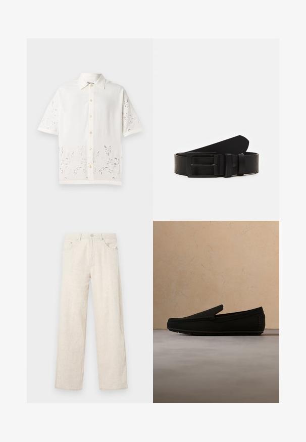 Hvid kortærmet skjorte lavet af letvægtsstof, med knaplukning foran, broderet blomsterdesign langs kanten og klassisk krave.; Beige vide ben bukser lavet af tekstureret stof, med knaplukning, bæltestropper og klassisk lommeindretning.; Sort slip-on loafer-sko svævende over et beige tekstureret tæppe med et rundt, træ sofabord og bøger i en sløret baggrund.; Sort læderbælte rullet med en mat sort rektangulær metalspænde og to bæltesløjfer på en hvid baggrund.