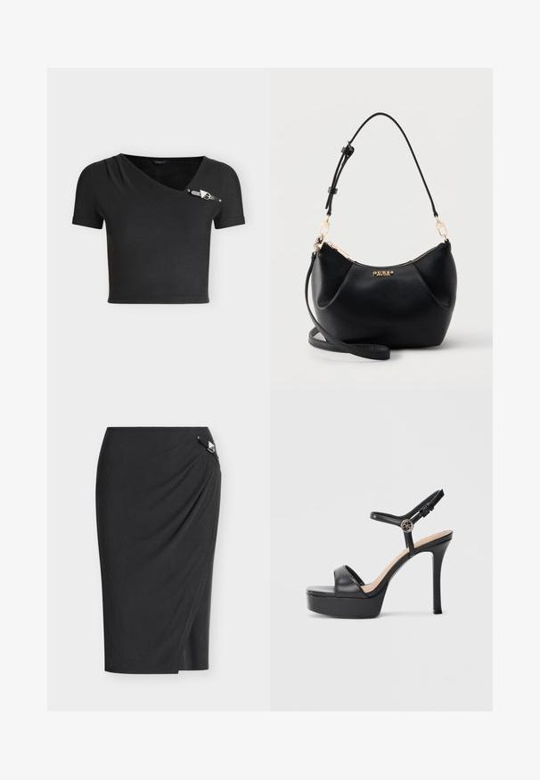 Μαύρο cropped top με κοντά μανίκια, ασύμμετρο ντεκολτέ και μικρή διακοσμητική αγκράφα στον δεξί ώμο.; Μαύρη μίντι pencil φούστα με σχεδιασμό τύπου wrap και μικρή ασημί τριγωνική αγκράφα στη μέση.; Μαύρα πλατφόρμα σανδάλια με ψηλό τακούνι στιλέτο, που διαθέτουν λείο δερμάτινο πάνω μέρος, σχέδιο με ανοιχτό δάχτυλο και ρυθμιζόμενο λουράκι στο αστράγαλο με μεταλλικά στοιχεία.; Μαύρη υφή από δερμάτινη τσάντα ώμου με χρυσό φερμουάρ, ρυθμιζόμενο λουράκι και χρυσό λογότυπο "GUESS" στο κέντρο μπροστά.